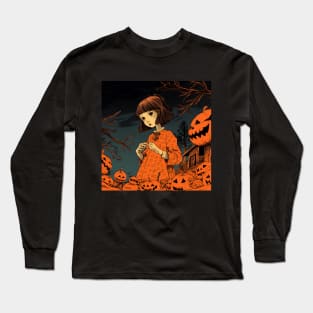 Halloween Girl in orange dress with Pumpkin Long Sleeve T-Shirt